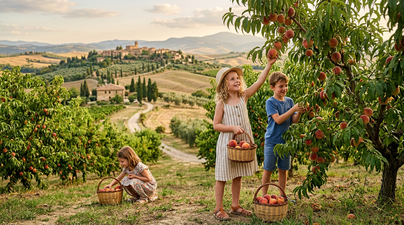 Children at a Tuscan agriturismo picking fruit in an orchard among the hills