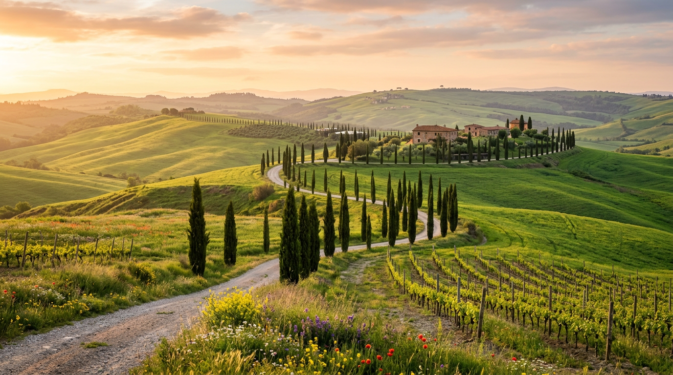 Tuscan hills in spring with cypress trees and vineyards in the golden morning light