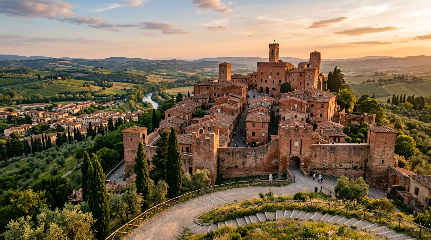 The upper borgo of Certaldo with medieval towers and red-brick houses in the Val d'Elsa