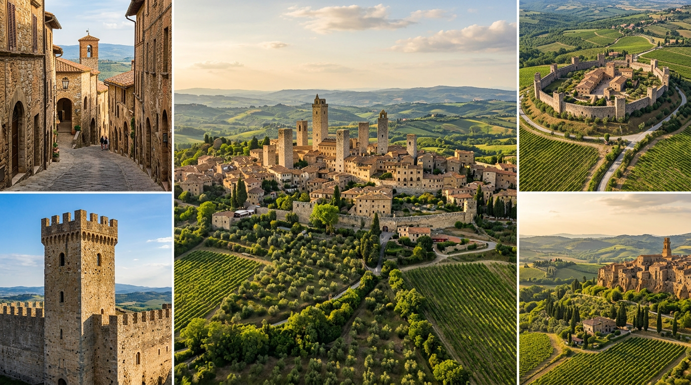 Collage of Tuscan medieval villages with towers, walls and hilly landscapes