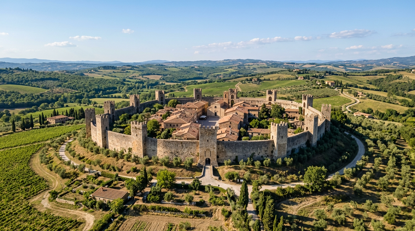 The circular medieval walls of Monteriggioni Castle with its fourteen towers
