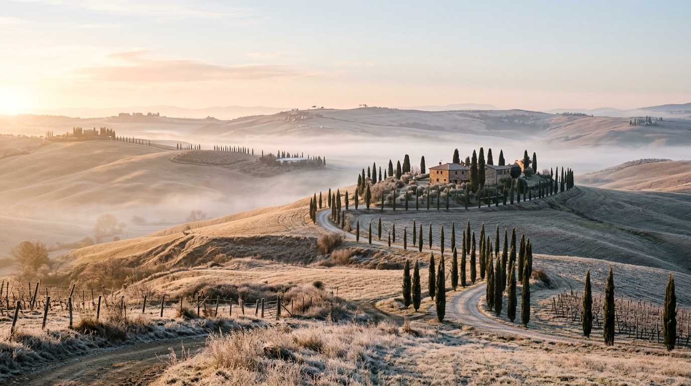 The Tuscan hills in winter with morning mist, cypress trees and farmhouses among golden frost-covered fields