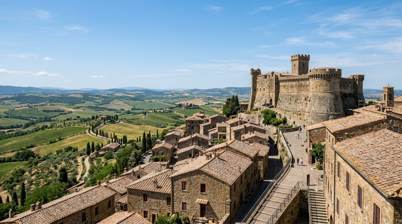 The village of Montalcino with the medieval Fortress and the Val d'Orcia hills in the background