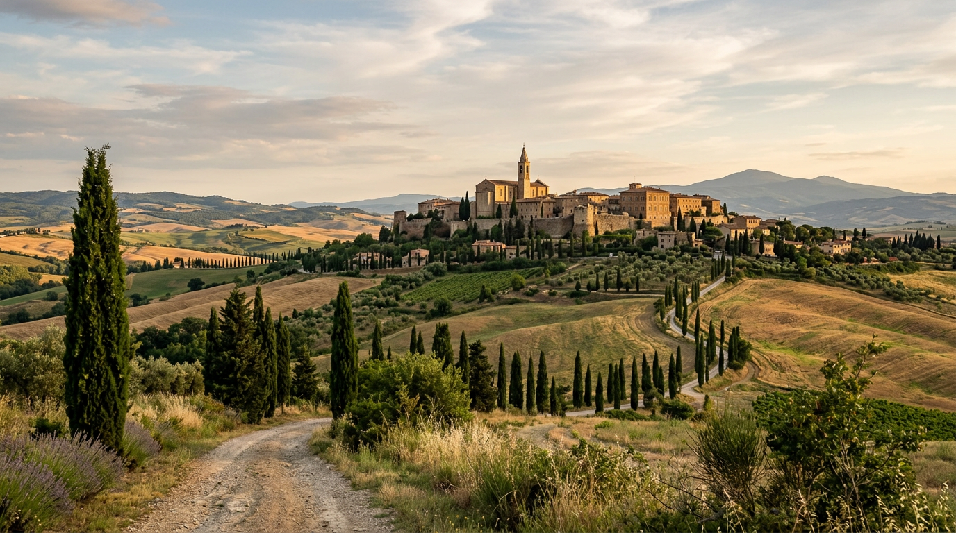 Pienza seen from the Val d'Orcia with the Renaissance Cathedral and the Tuscan hills