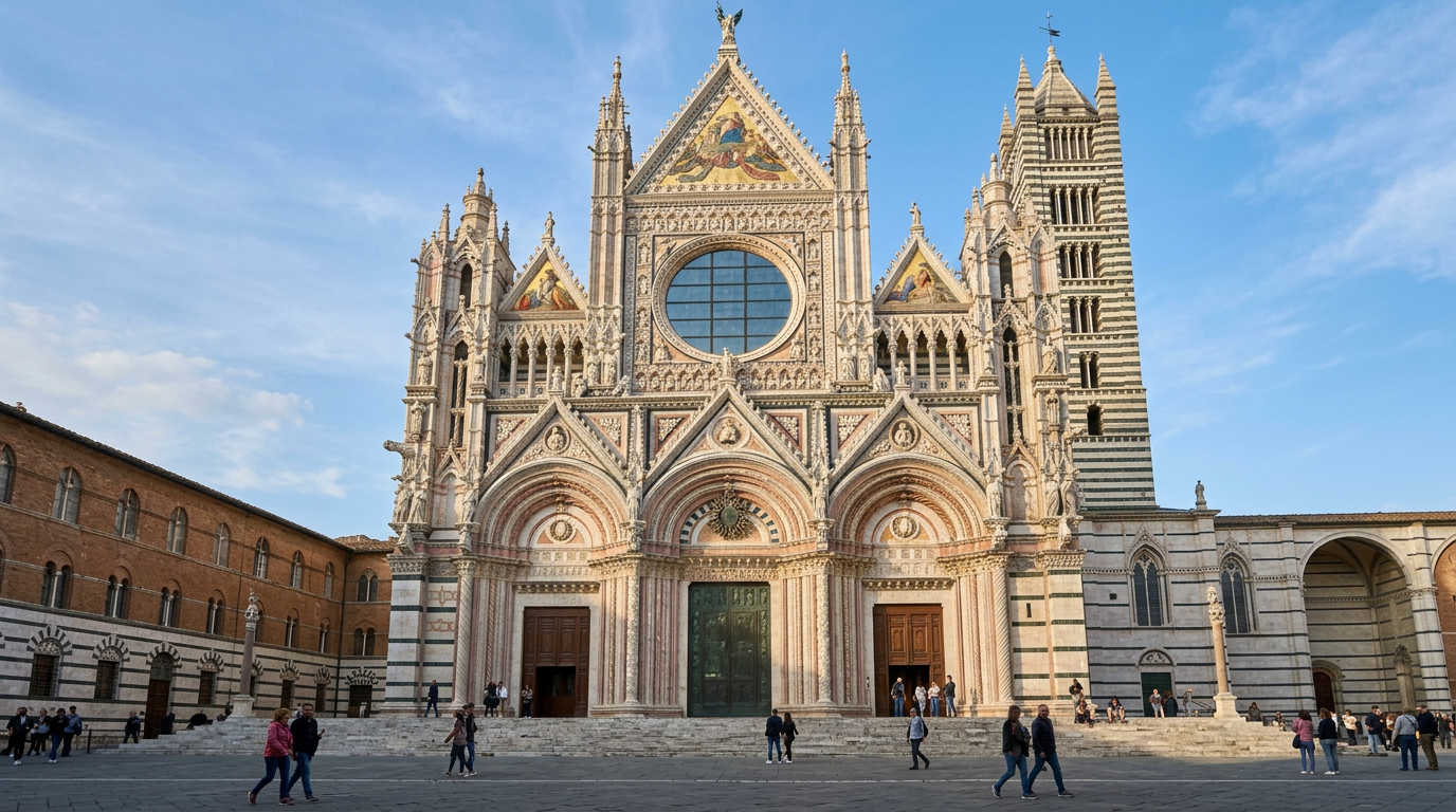 The facade of Siena Cathedral in white and green marble with mosaics and sculptures