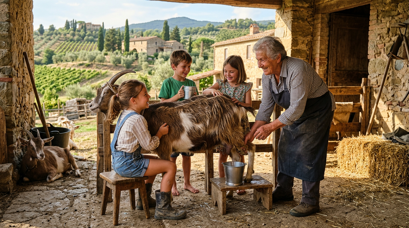 Children at a Tuscan educational farm learning to milk goats with a farmer's guidance