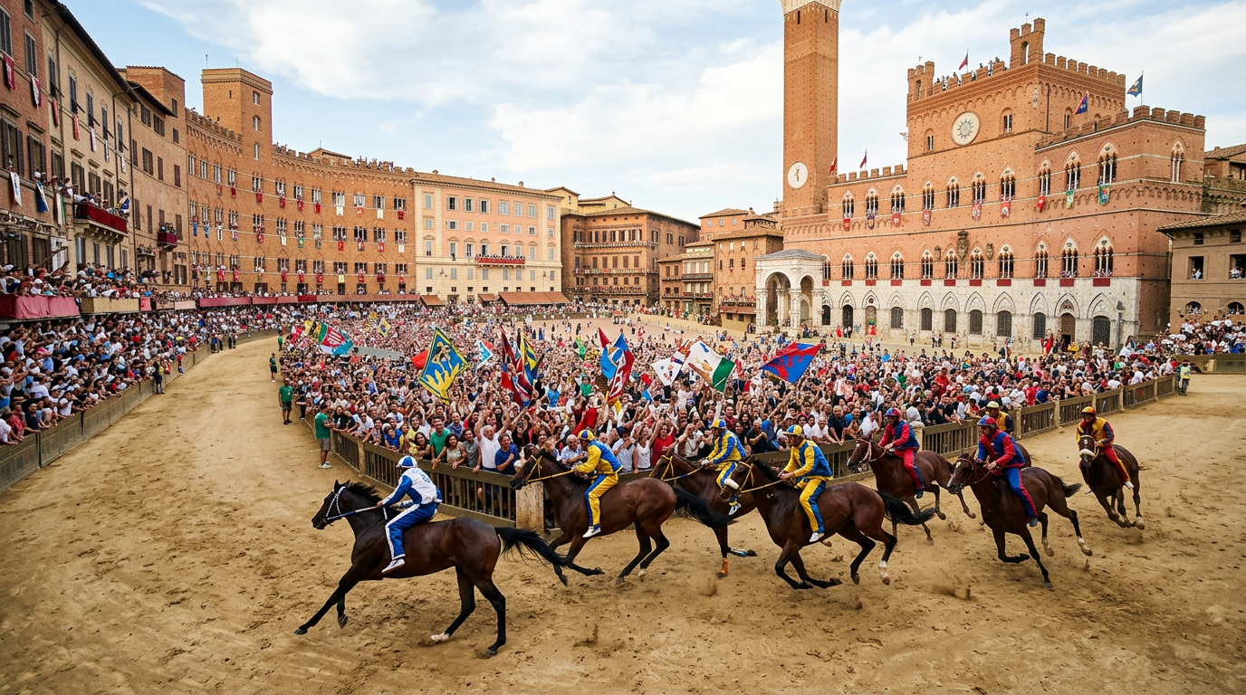 Piazza del Campo in Siena during the Palio with spectators and horses racing