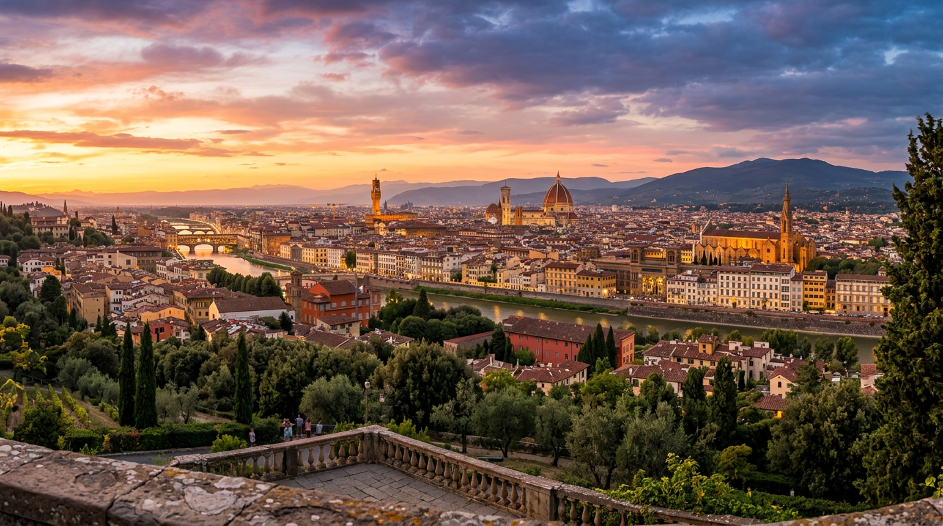 Panoramic view of Florence from the hills of Fiesole at sunset