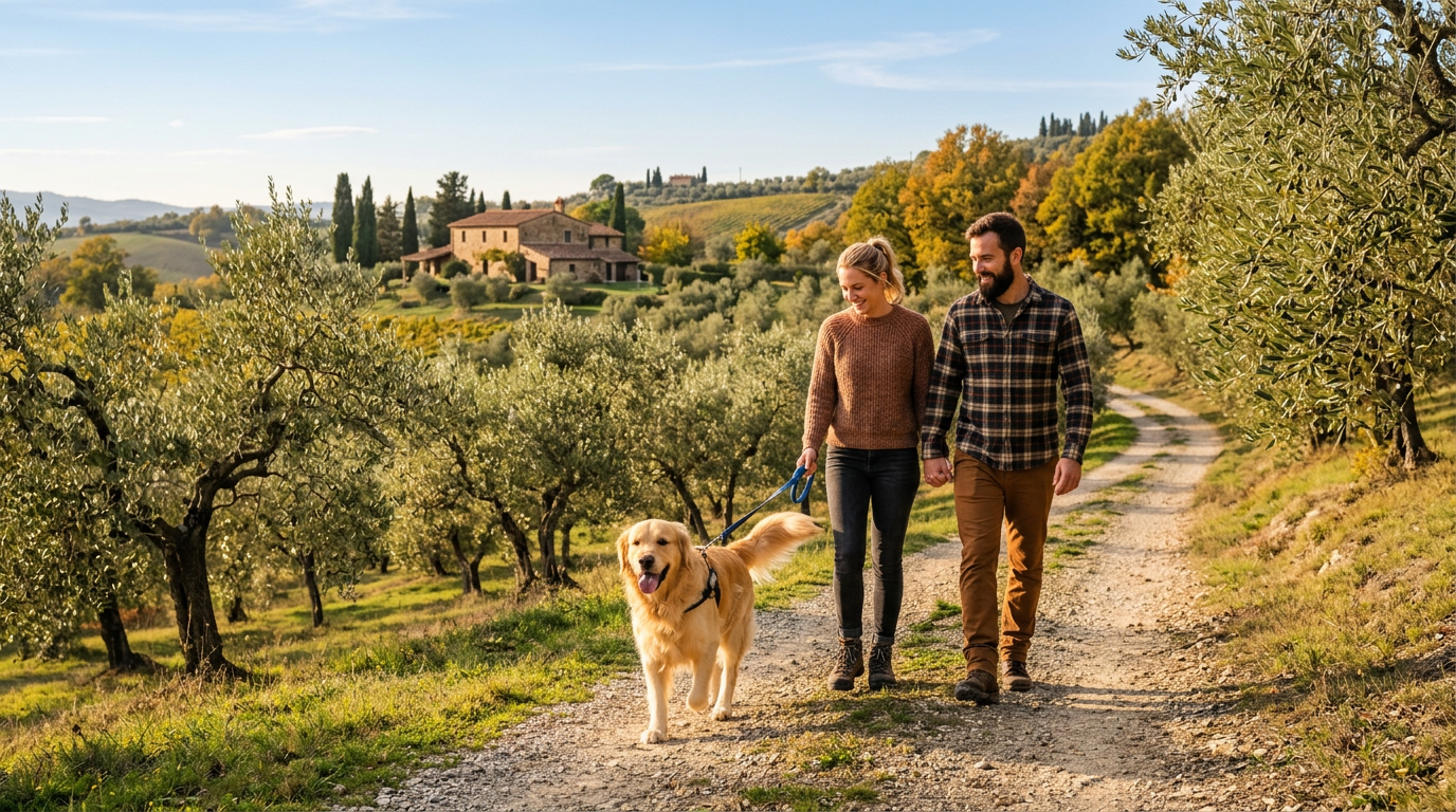 Cane felice in un campo di ulivi toscani durante una passeggiata con i proprietari in autunno