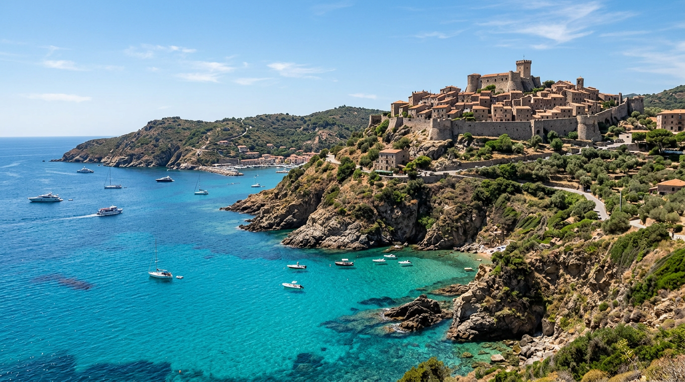 Giglio Island with its crystal-clear turquoise waters and Giglio Castello on the heights