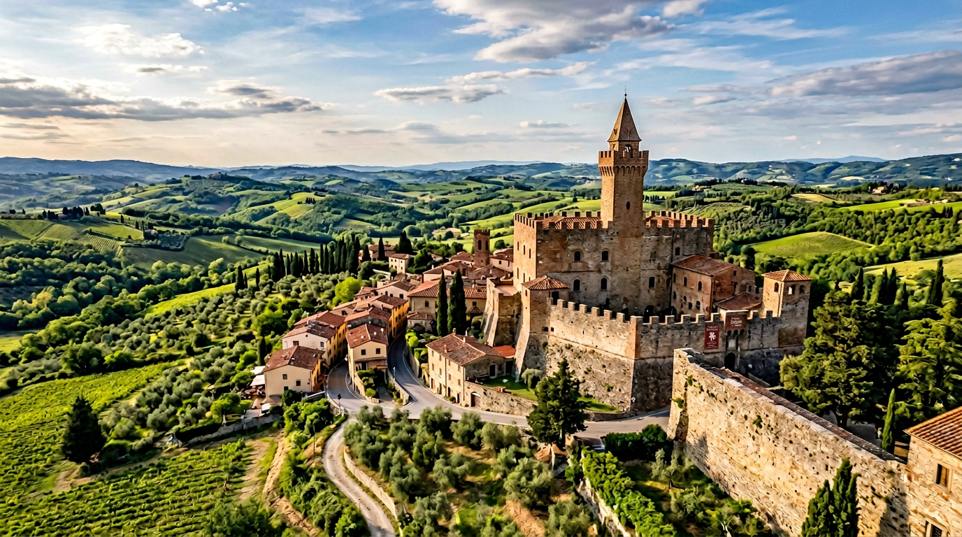 The Castello dei Conti Guidi in Vinci housing the Leonardian Museum among the Tuscan hills