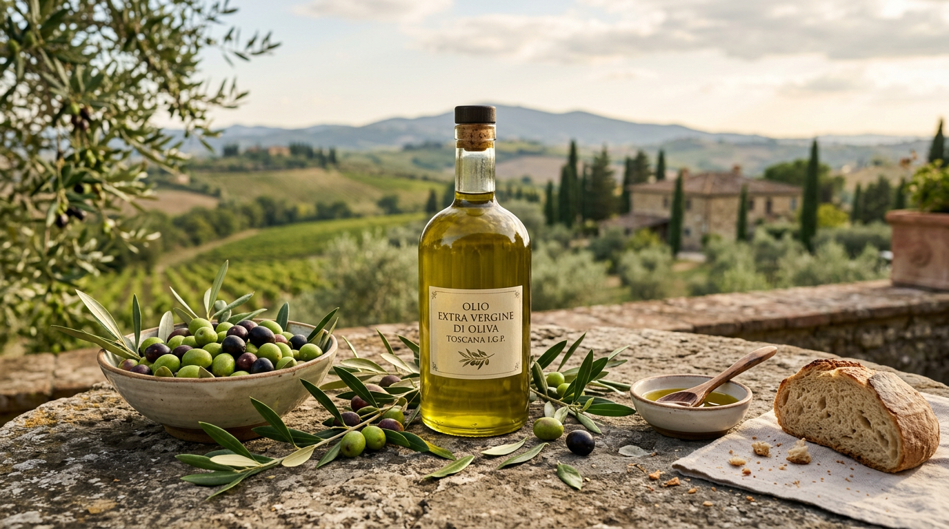 Bottle of Tuscan extra virgin olive oil with green olives and leaves on a stone table in Tuscany