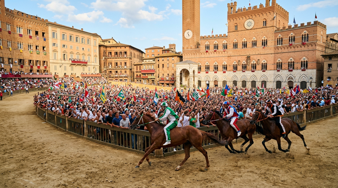 The Palio di Siena in Piazza del Campo with horses racing and spectators in the stands