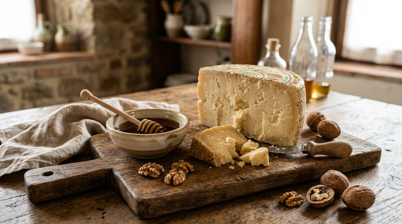 Wheels of aged Pecorino Toscano DOP on a rustic wooden board with honey and walnuts