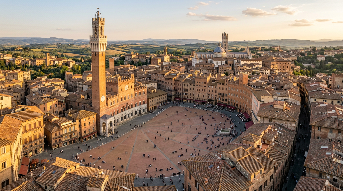 Piazza del Campo in Siena seen from above with the Torre del Mangia and medieval buildings