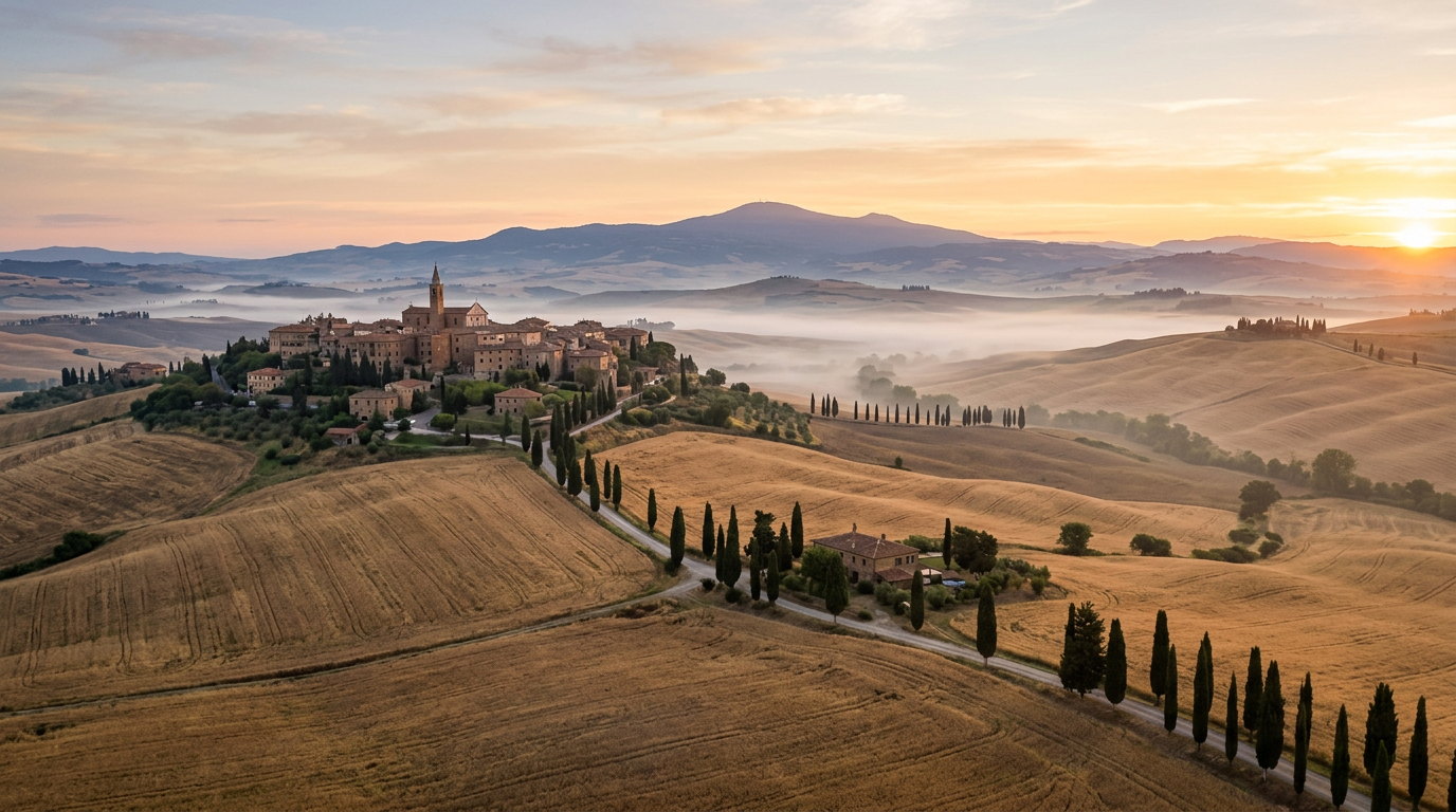 Panoramic view of the Val d'Orcia with Pienza perched on the hill among cypress trees and golden fields at dawn