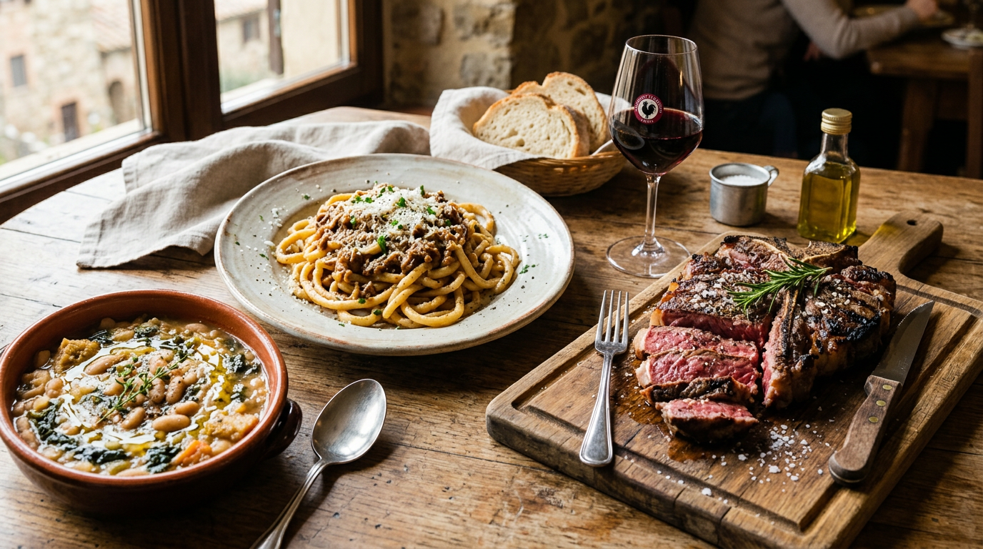 Typical Tuscan cuisine dishes: pici, ribollita and bistecca fiorentina on a rustic table with red wine
