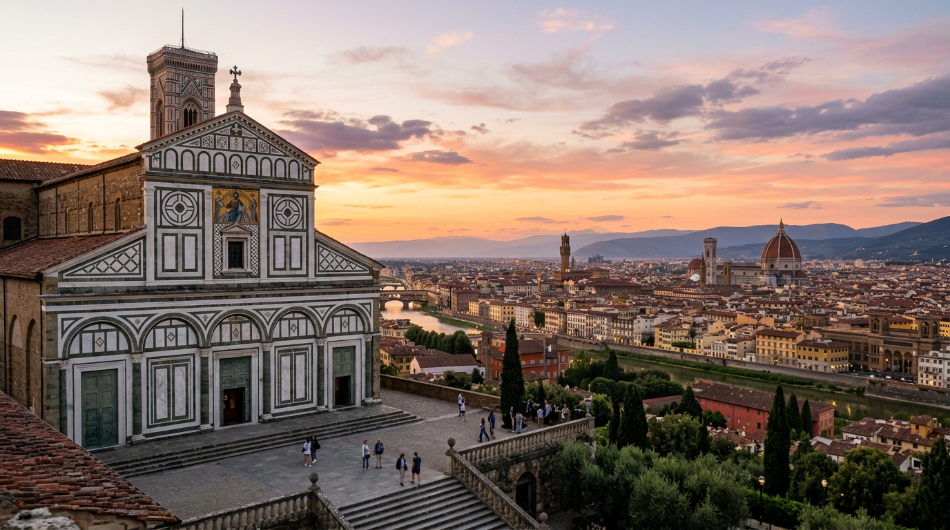 Basilica of San Miniato al Monte in Florence with the city panorama in the background