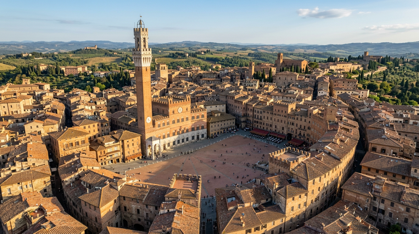 Aerial view of Siena with Piazza del Campo and the medieval towers