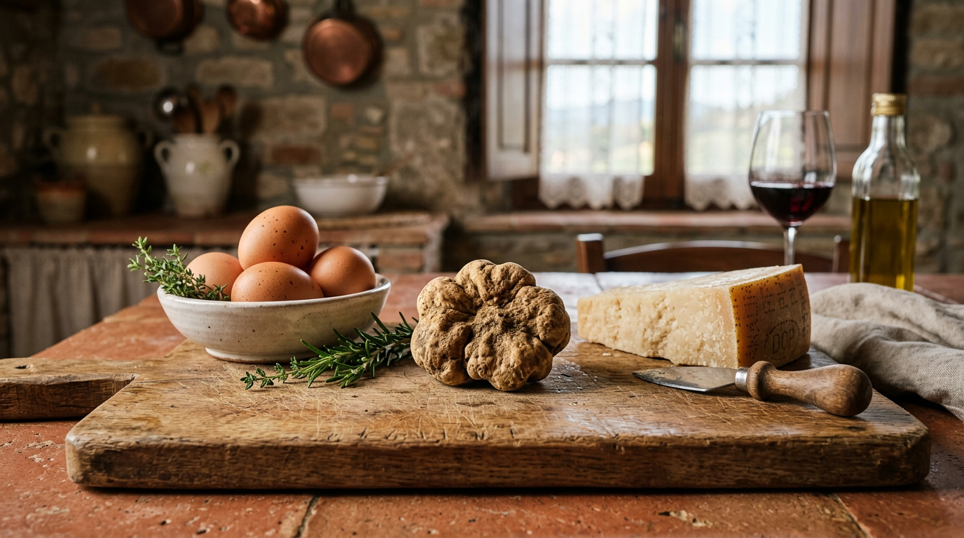 Prized Tuscan white truffle on a wooden board with eggs and parmesan in a rustic kitchen