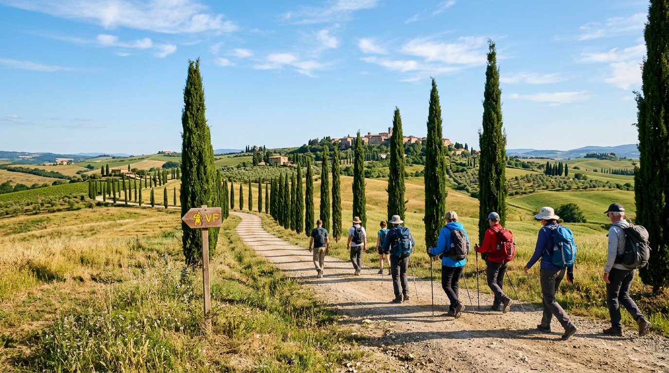 Pilgrims on the Via Francigena in Tuscany among hills and cypress groves in the Sienese landscape