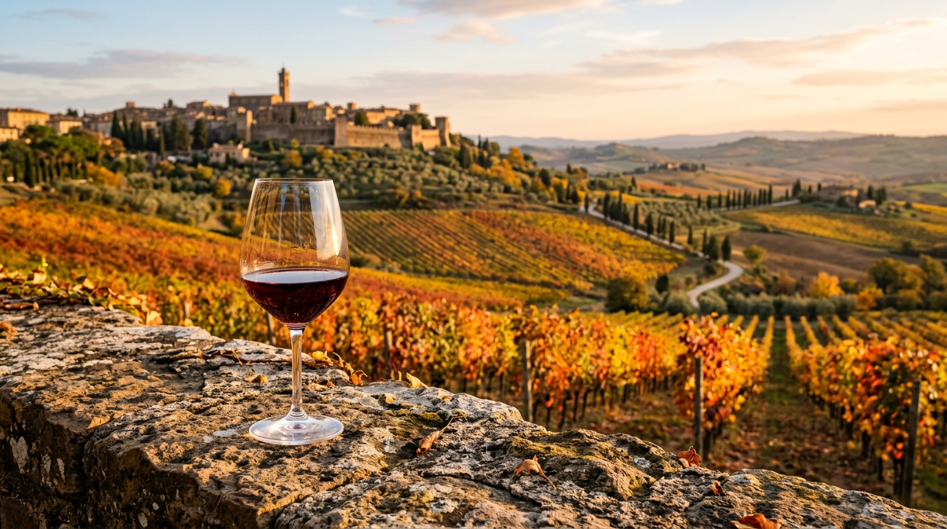 Glass of ruby red Brunello di Montalcino with a view of the Sienese hills and autumn vineyards