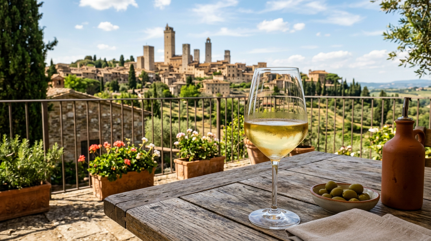 Glass of golden Vernaccia di San Gimignano with the medieval towers of San Gimignano in the background