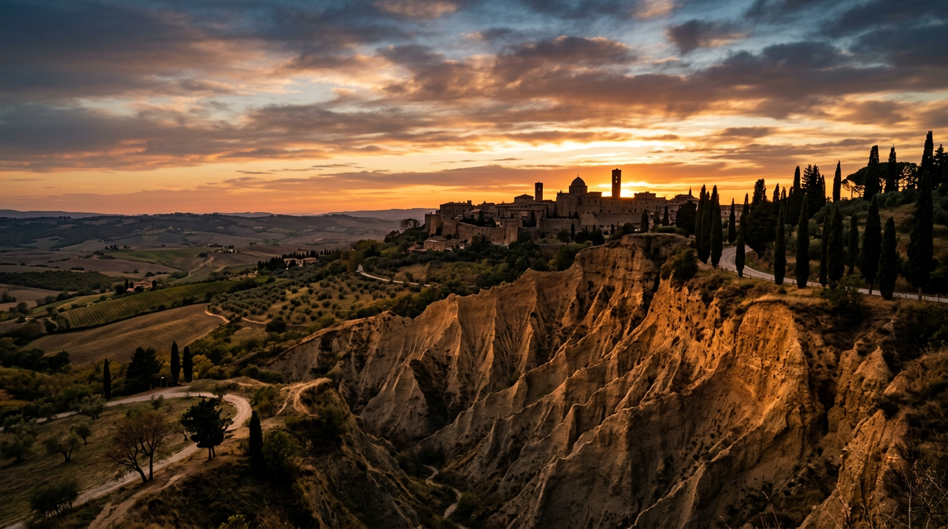 The Balze cliffs of Volterra at sunset with the medieval city in the background and Tuscan cypress trees